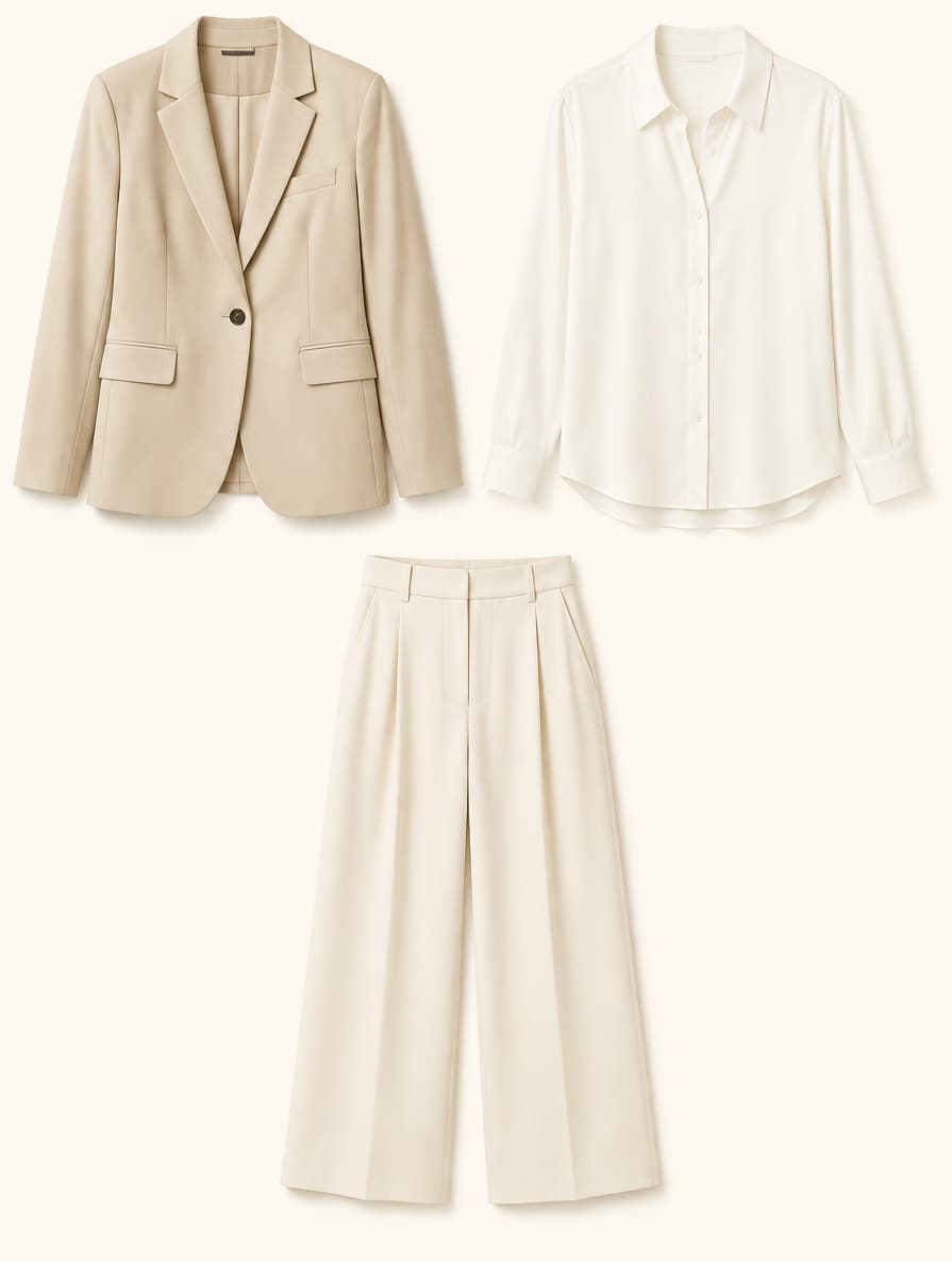 A tailored blazer, silk shirt and wide-leg trousers from your wardrobe